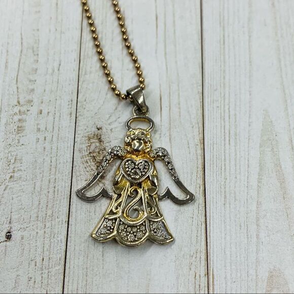 925 Silver and Gold over Silver Angel Necklace - Picture 2 of 4